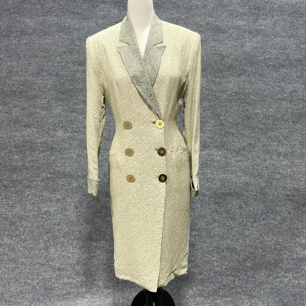 Vintage Eleanor P Brenner Dress Womens 6 Beige Gray Jacquard Double Breasted 80s
